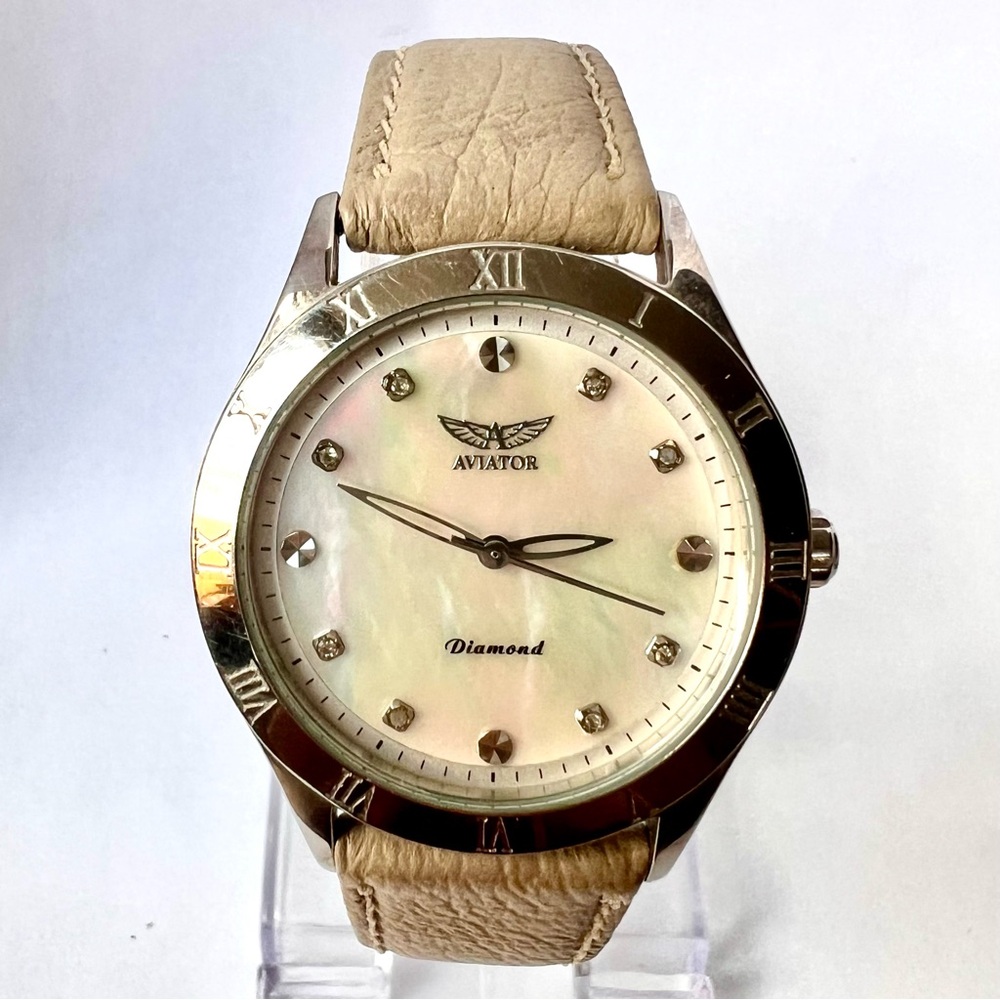 AVIATOR Diamond MOP Dial Quartz 34mm Steel Watch Original Buckle